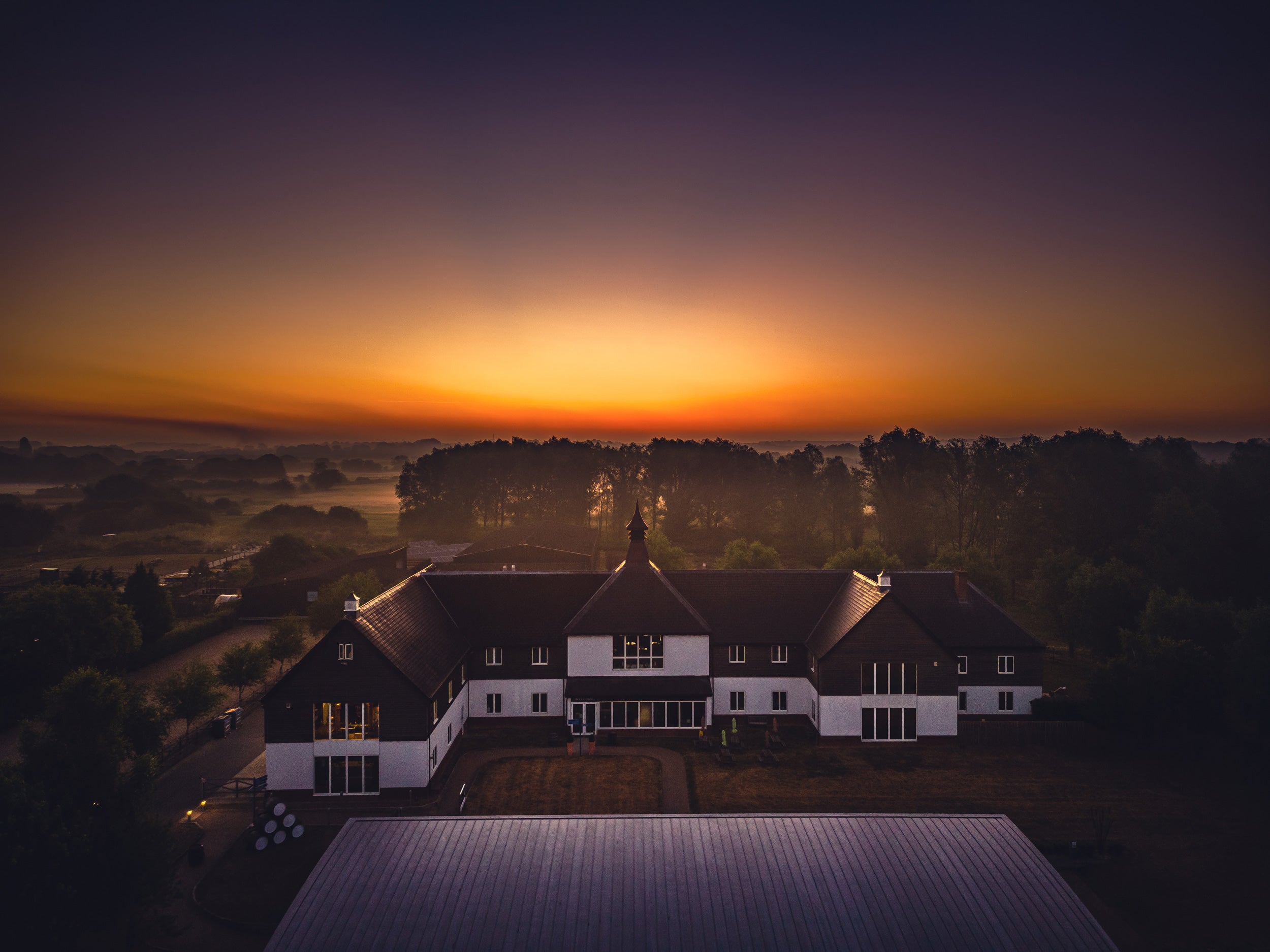 View of The English Distillery at dawn